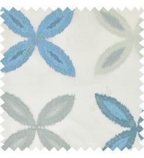 Blue grey color big ikat flower traditional embroidery pattern with polyester background fabric on cream base sheer curtain