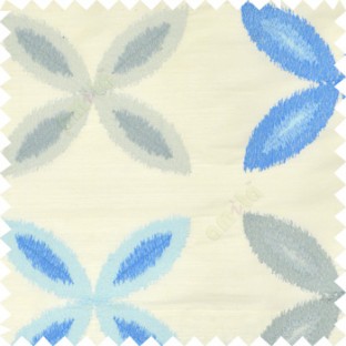 Blue grey color big ikat flower traditional embroidery pattern with polyester background fabric on cream base main curtain