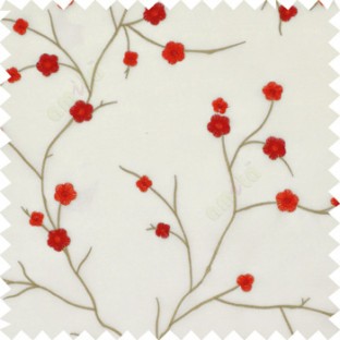 Red color flowers embroidery patterns Japanese blossom with polyester background sheer curtain