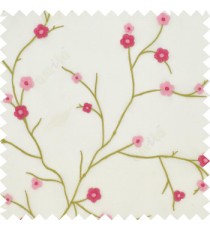 Pink and green color flowers embroidery patterns Japanese blossom with polyester background sheer curtain