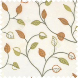 Green and copper orange color small summer leaf beige background embroidery patterns with polyester background sheer curtain