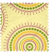 Pink green yellow large traditional rangoli design embroidery pattern small circles crush background on cream slub base main curtain