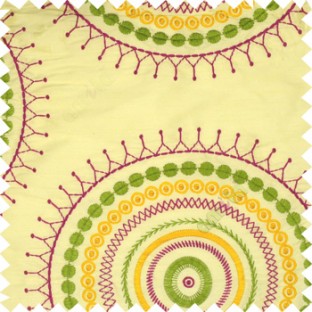 Pink green yellow large traditional rangoli design embroidery pattern small circles crush background on cream slub base main curtain