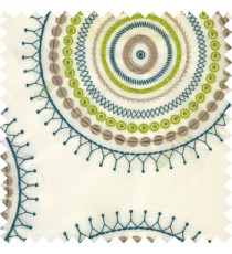 Blue grey green large traditional rangoli design embroidery pattern small circles crush background on cream slub base sheer curtain