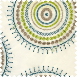 Blue grey green large traditional rangoli design embroidery pattern small circles crush background on cream slub base sheer curtain