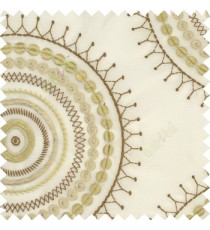Brown beige grey large traditional rangoli design embroidery pattern small circles crush background on cream slub base sheer curtain