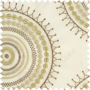Brown beige grey large traditional rangoli design embroidery pattern small circles crush background on cream slub base sheer curtain