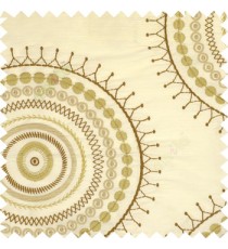 Brown cream large traditional rangoli design embroidery pattern small circles crush background on cream slub base main curtain