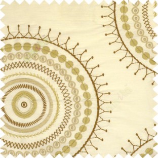 Brown cream large traditional rangoli design embroidery pattern small  circles crush background on cream slub base main curtain