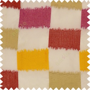 Red yellow beige rectangles complete embroidery patterns with horizontal transparent fabric on cream base sheer curtain