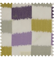 Purple green  grey cream rectangles complete embroidery patterns with horizontal transparent fabric on cream base sheer curtain