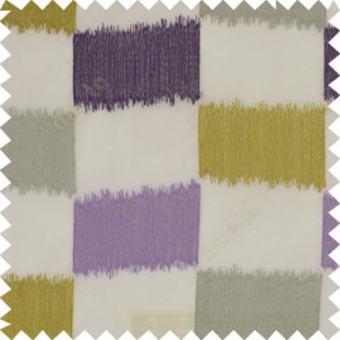 Purple green  grey cream rectangles complete embroidery patterns with horizontal transparent fabric on cream base sheer curtain