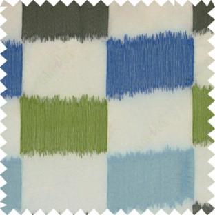 Aqua blue royal blue grey green rectangles complete embroidery patterns with horizontal transparent fabric on cream base sheer curtain