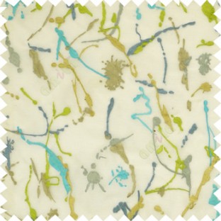 Aqua blue green grey beige spray paint embroidery patterns color splashes on white transparent base sheer curtain