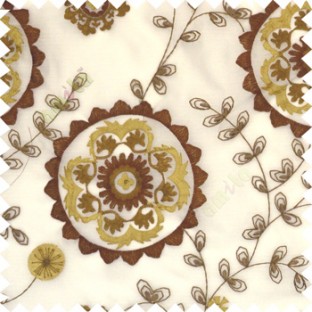 Copper brown beige color beautiful traditional embroidery flowers leave floral buds with polyester transparent fabric sheer curtain