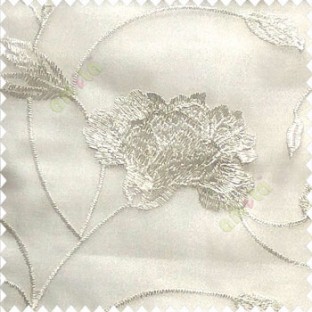 Beautiful natural white and cream color rose flower with long leaf embroidery floral pattern tendril flower poly fabric sheer curtain