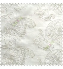 Pure white color traditional paisley design leaf swirls star flower zigzag stitched with net background poly fabric sheer curtain