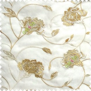 Beautiful natural beige white color rose flower with long leaf embroidery floral pattern tendril flower poly fabric sheer curtain