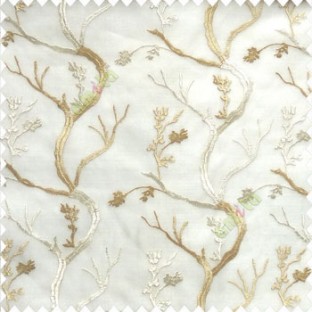 Pure beige cream white color natural old tree floral cotton buds branches flowing designs net background embroidery patterns poly fabric sheer curtain