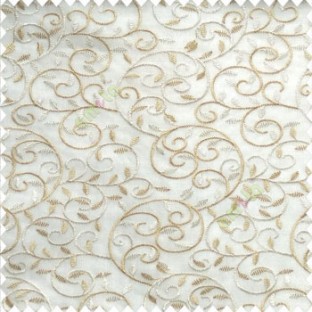 Beige cream white color beautiful embroidery swirl pattern leaf spring zigzag stitched designs poly fabric sheer curtain