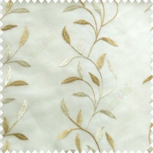 Beige cream white elegant look floral leaf pattern long height floral leaf stem embroidery zigzag stitched designs poly fabric sheer curtain