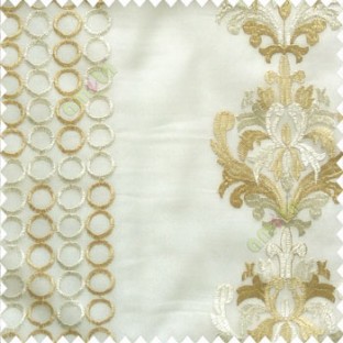 Brown cream white traditional damask vertical circles stripes geometric designs embroidery poly fabric sheer curtain