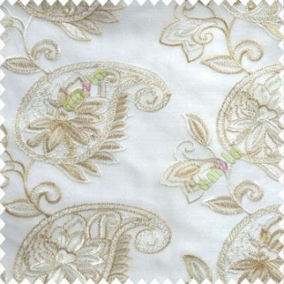 Beige cream color traditional paisley design leaf swirls star flower zigzag stitched with net background poly fabric sheer curtain