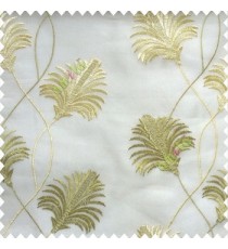 Beautiful natural green cream white color floral design embroidery curved flower layers with long thin stem poly fabric sheer curtain