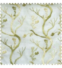 Pure green beige color natural old tree floral cotton buds branches flowing designs net background embroidery patterns poly fabric sheer curtain