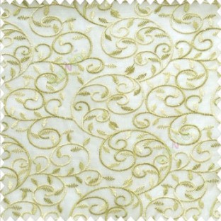 Green beige cream color beautiful embroidery swirl pattern leaf spring zigzag stitched designs poly fabric sheer curtain 