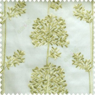 Green cream white color floral leaf pattern bunch of round small leaf on stem embroidery pattern poly fabric sheer curtain