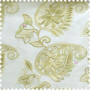 Green beige white color traditional paisley design leaf swirls star flower zigzag stitched with net background poly fabric sheer curtain