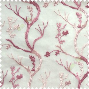 Dark pink with light pink color combination natural old tree floral cotton buds branches flowing designs net background embroidery patterns poly fabric sheer curtain
