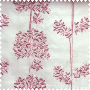 Dark pink and light pink color combination floral leaf pattern bunch of round small leaf on stem embroidery pattern poly fabric sheer curtain