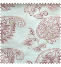 Pink cream color traditional paisley design leaf swirls star flower zigzag stitched with net background poly fabric sheer curtain