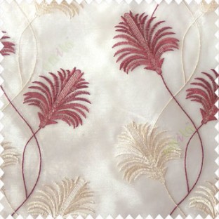 Beautiful natural maroon cream white color floral design embroidery curved flower layers with long thin stem poly fabric sheer curtain