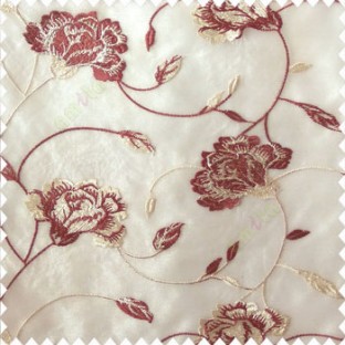 Beautiful natural maroon cream white color rose flower with longleaf embroidery floral pattern tendril flower poly fabric sheer curtain