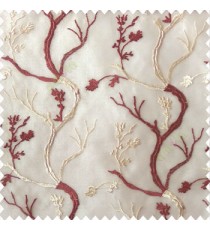 Maroon beige white color combination natural old tree floral cotton buds branches flowing designs net background embroidery patterns poly fabric sheer curtain