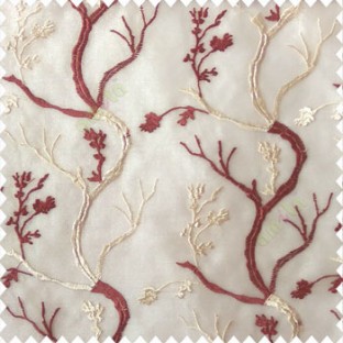 Maroon beige white color combination natural old tree floral cotton buds branches flowing designs net background embroidery patterns poly fabric sheer curtain