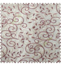 Maroon cream color beautiful embroidery swirl pattern leaf spring zigzag stitched designs poly fabric sheer curtain 