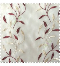 Maroon cream white color combination elegant look floral leaf pattern long height floral leaf stem embroidery zigzag stitched designs poly fabric sheer curtain