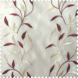 Maroon cream white color combination elegant look floral leaf pattern long height floral leaf stem embroidery zigzag stitched designs poly fabric sheer curtain