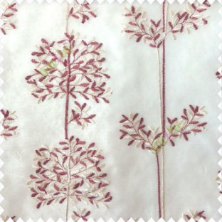 Maroon cream white color floral leaf pattern bunch of round small leaf on stem embroidery pattern poly fabric sheer curtain