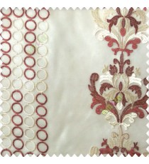 Maroon cream white color combination traditional damask vertical circles stripes geometric designs embroidery poly fabric sheer curtain