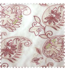 Maroon cream white color traditional paisley design leaf swirls star flower zigzag stitched with net background poly fabric sheer curtain