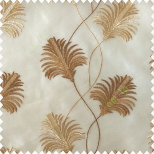 Beautiful natural brown beige color floral design embroidery curved flower layers with long thin stem poly fabric sheer curtain
