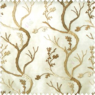 Brown beige cream color combination natural old tree floral cotton buds branches flowing designs net background embroidery patterns poly fabric sheer curtain