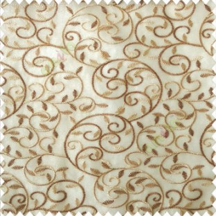 Brown beige color beautiful embroidery swirl pattern leaf spring zigzag stitched designs poly fabric sheer curtain 