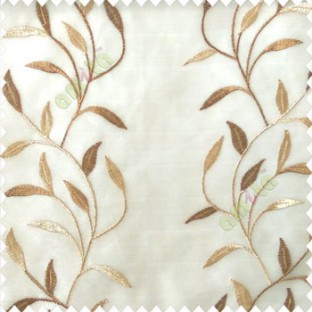 Brown beige color combination elegant look floral leaf pattern long height floral leaf stem embroidery zigzag stitched designs poly fabric sheer curtain