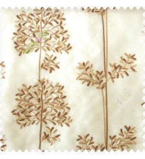 Brown beige color floral leaf pattern bunch of round small leaf on stem embroidery pattern poly fabric sheer curtain